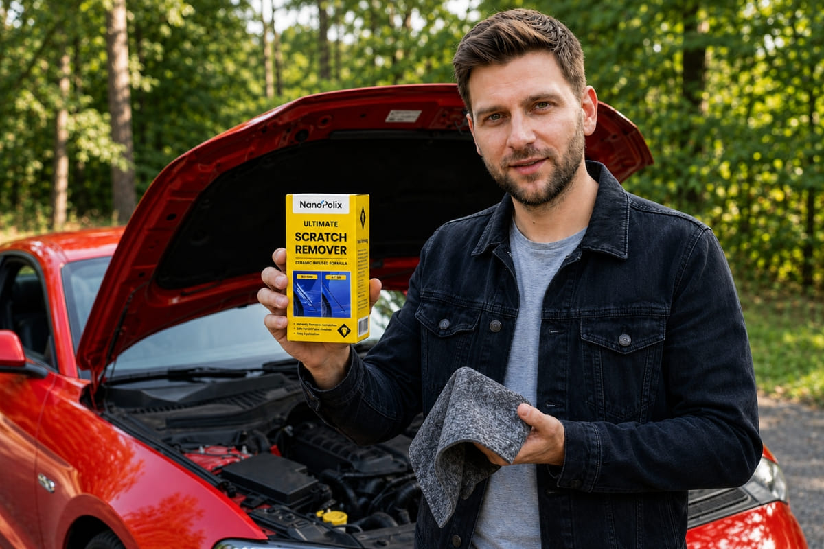 Mann mit NanoPolix Tuch vor Auto